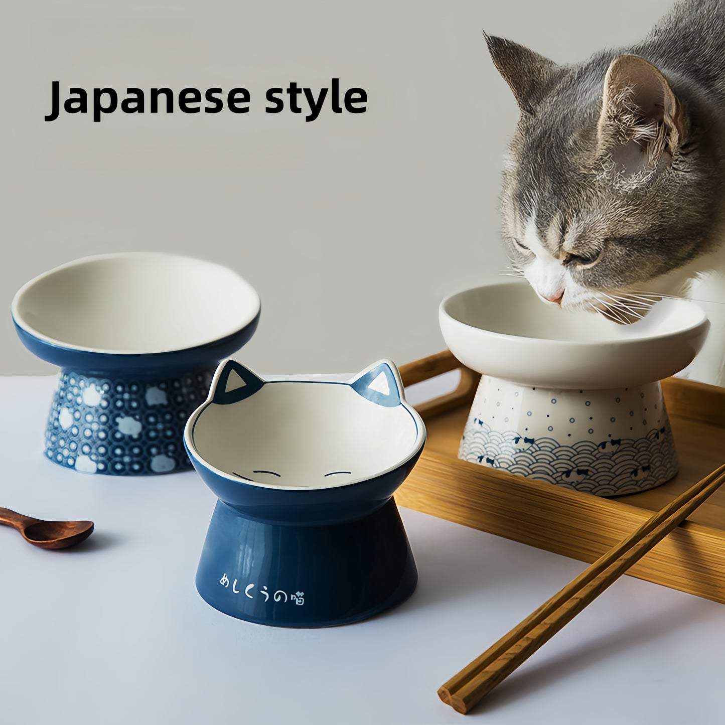 Japanese-Style Ceramic Double Bowl | Anti-Spill Food & Water Bowl for Cats and Dogs