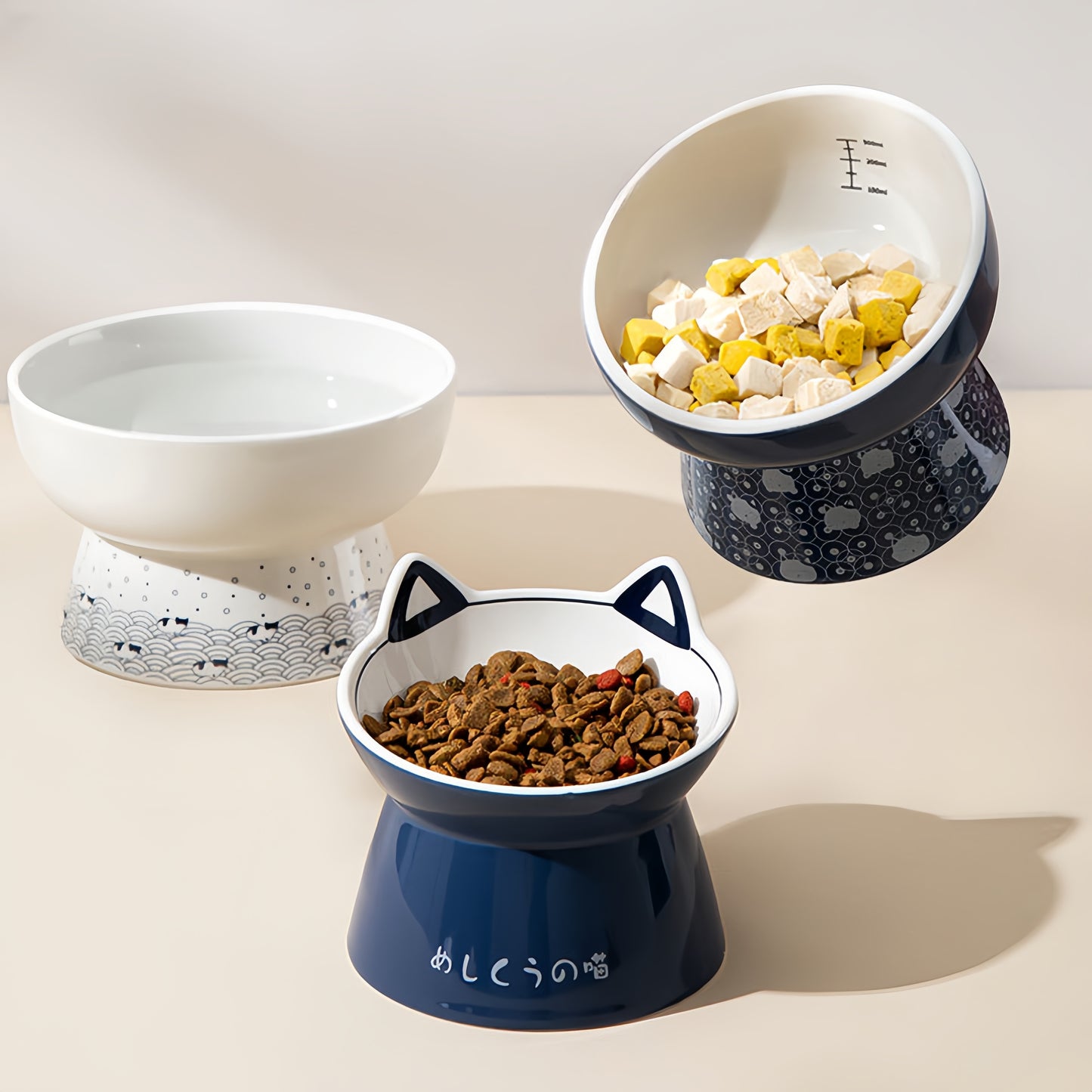 Japanese-Style Ceramic Double Bowl | Anti-Spill Food & Water Bowl for Cats and Dogs