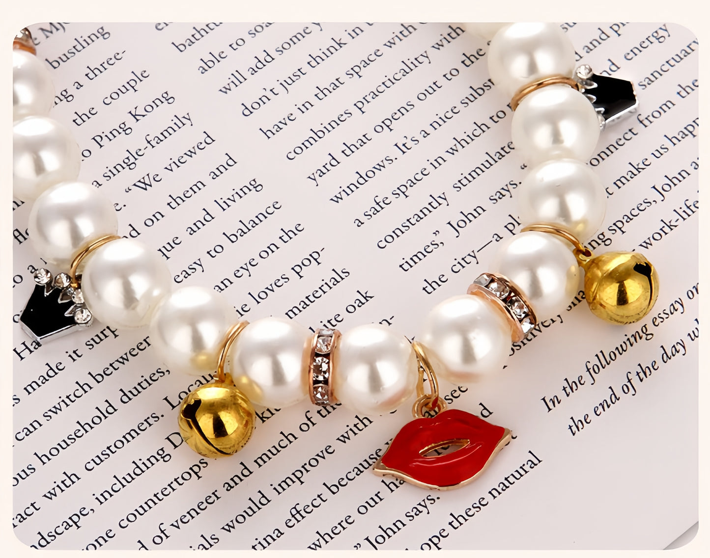 Faux Pearl Cat Collar with Bell | Charming Star, Crown, Sailboat & Red Lips Designs