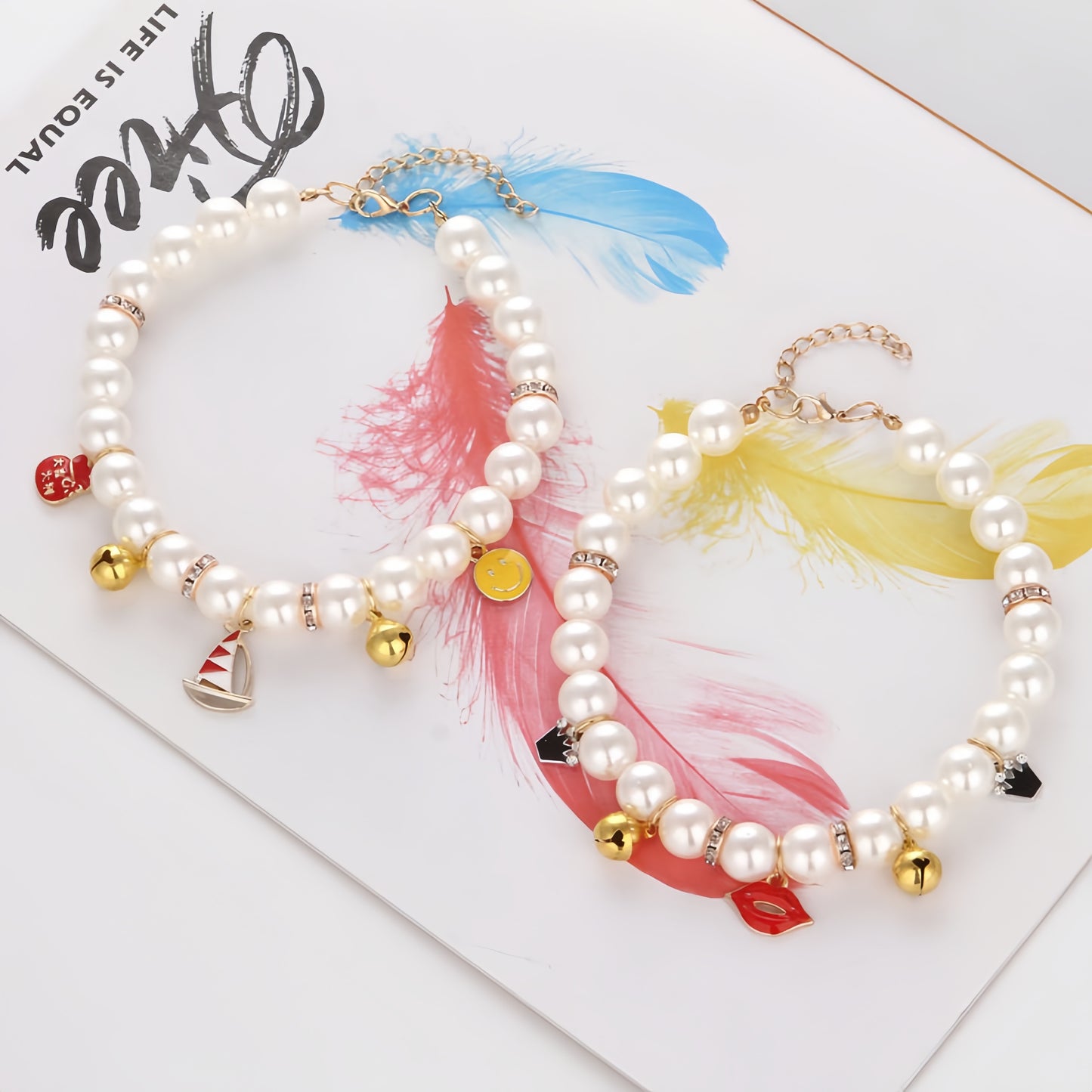 Faux Pearl Cat Collar with Bell | Charming Star, Crown, Sailboat & Red Lips Designs