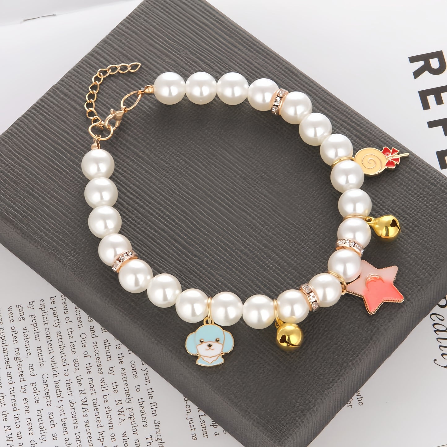 Faux Pearl Cat Collar with Bell | Charming Star, Crown, Sailboat & Red Lips Designs