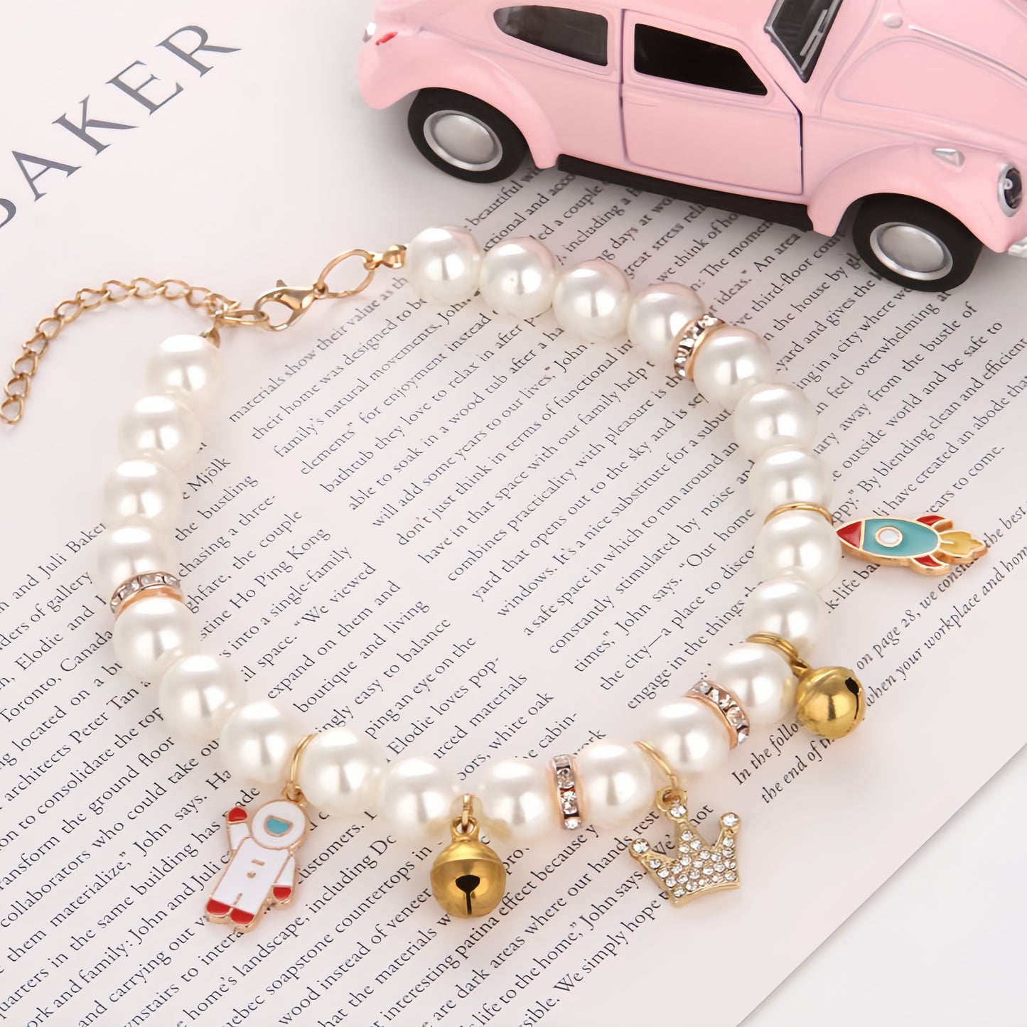 Faux Pearl Cat Collar with Bell | Charming Star, Crown, Sailboat & Red Lips Designs