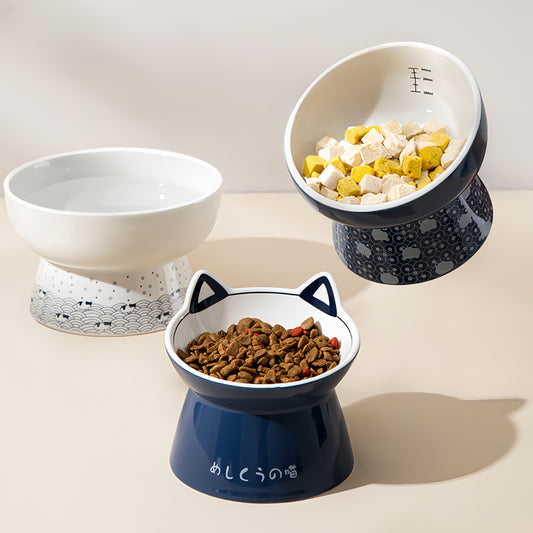 Japanese-Style Ceramic Double Bowl | Anti-Spill Food & Water Bowl for Cats and Dogs
