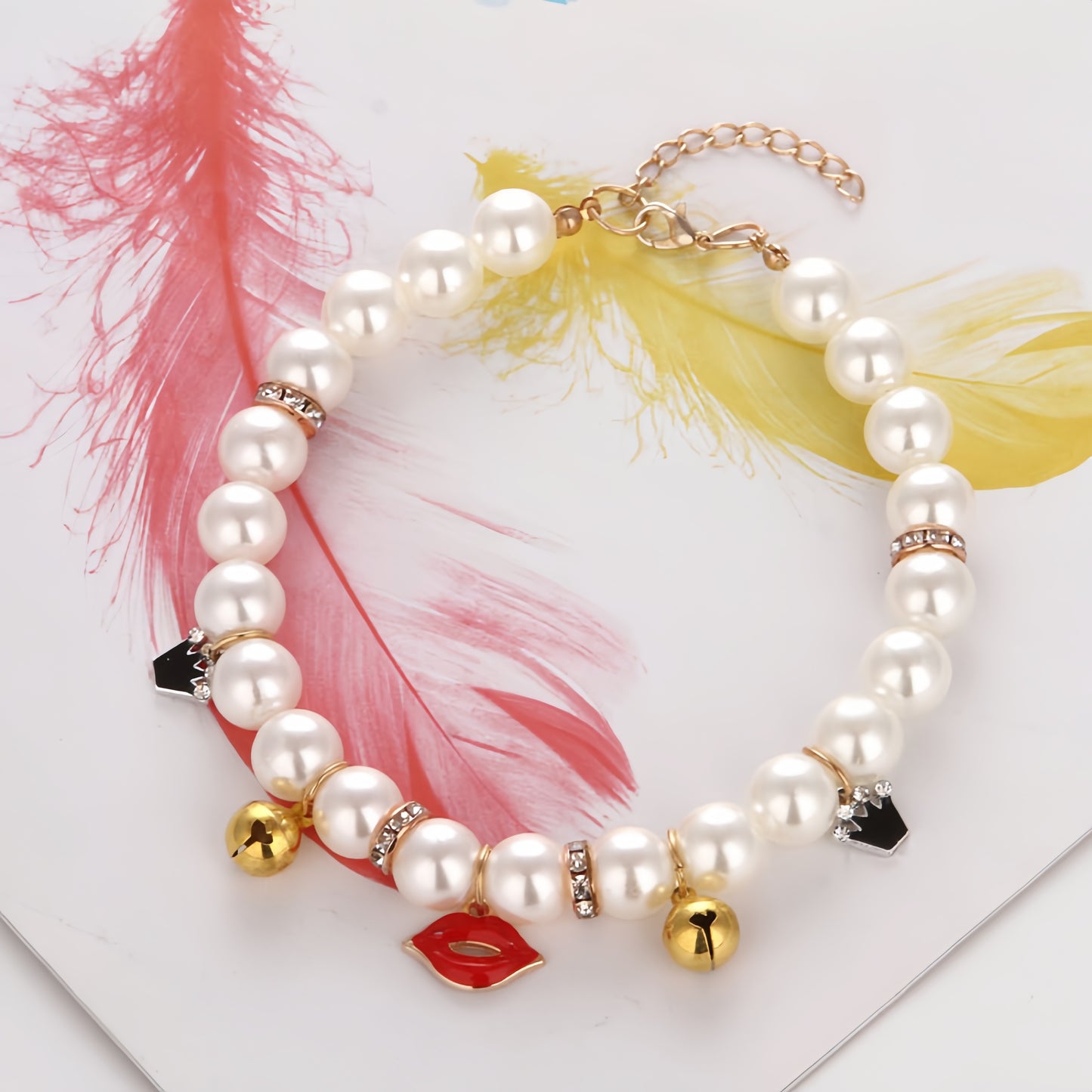 Faux Pearl Cat Collar with Bell | Charming Star, Crown, Sailboat & Red Lips Designs