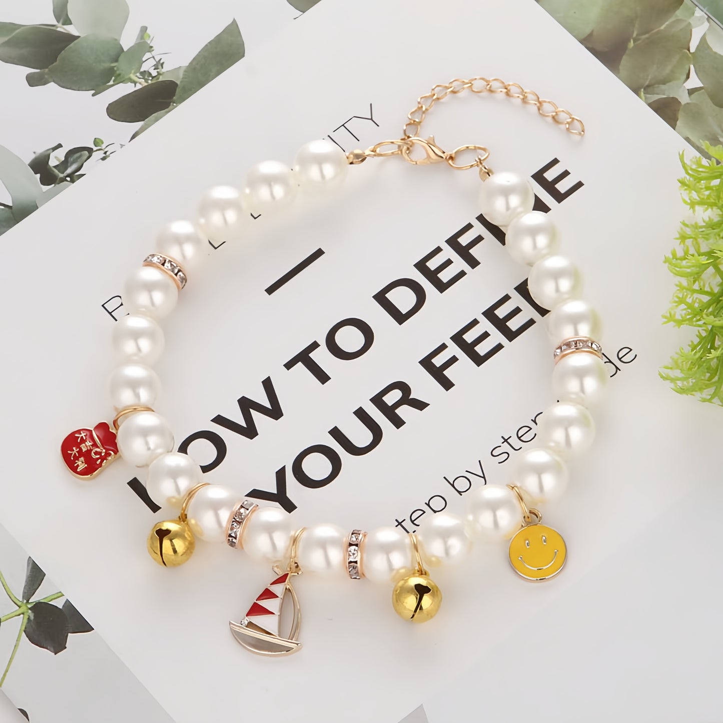 Faux Pearl Cat Collar with Bell | Charming Star, Crown, Sailboat & Red Lips Designs