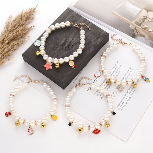 Faux Pearl Cat Collar with Bell | Charming Star, Crown, Sailboat & Red Lips Designs